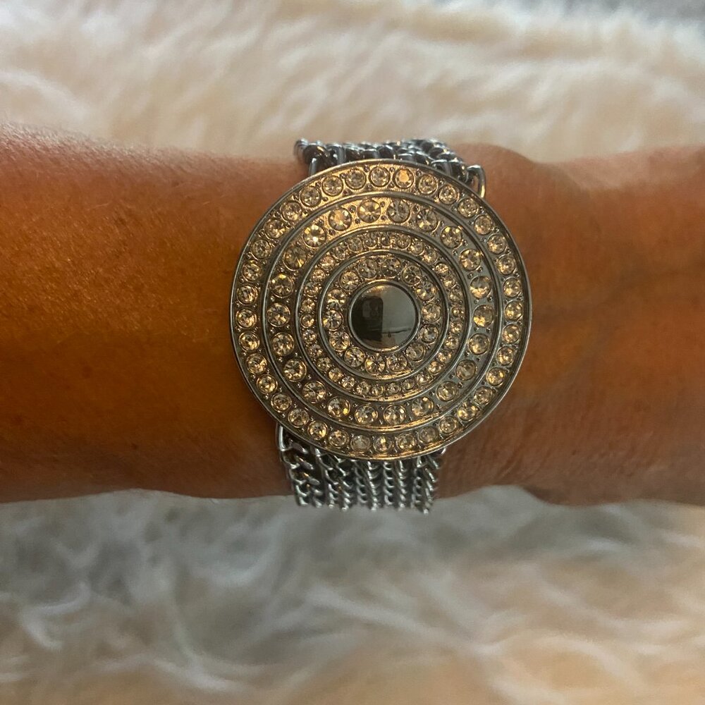 Liz Claiborne Stainless Steel Chain Link Rhinestone Flip Top Watch - BEAUTIFUL